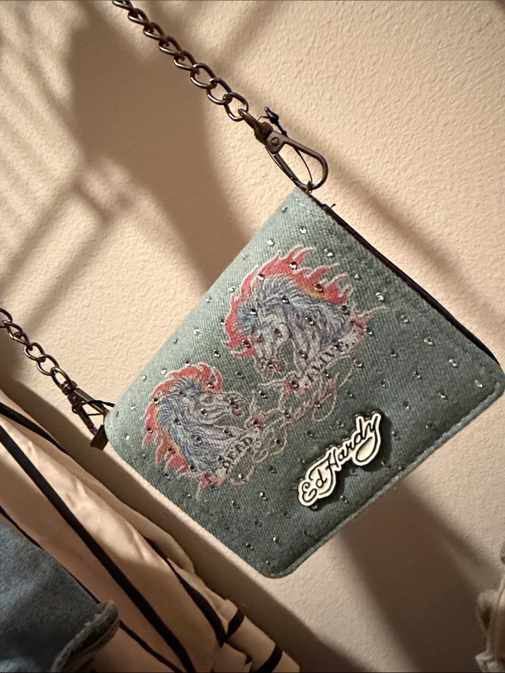 Ed Hardy Teal Denim Crossbody Bag with Embroidered Tiger Duo